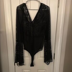 Fantasy lingerie Black Lace Bodysuit with Bell Sleeves and Tie Front